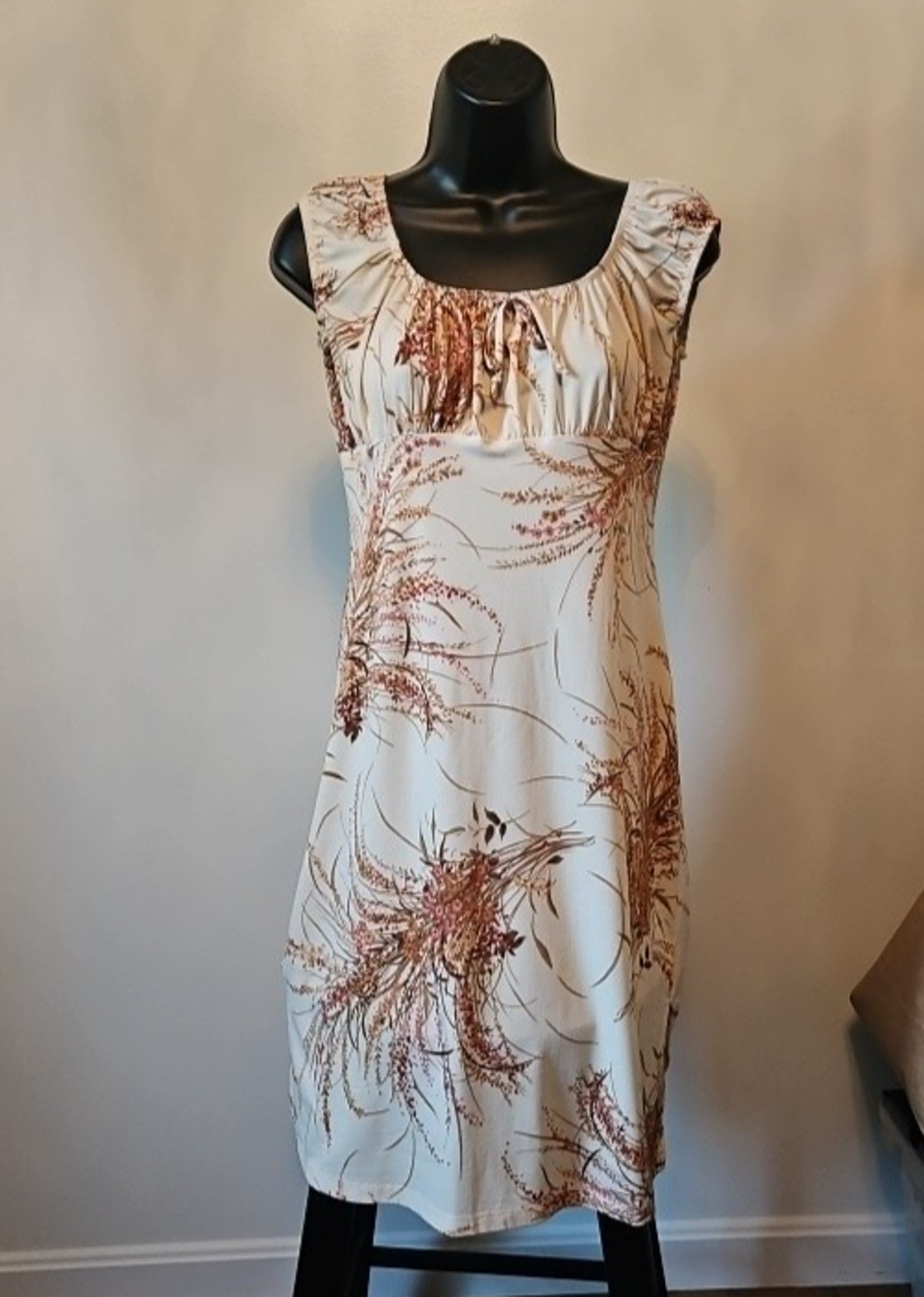 Forever 21 Womens Boho Floral Shift Dress Sleeveless Cream Brown Casual